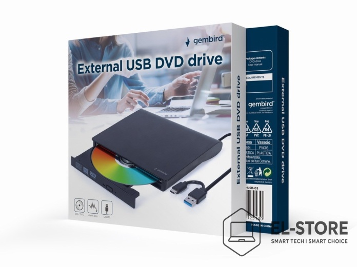 Zewnętrzna nagrywarka DVD Gembird Slim USB 3.1 Type-C – pudełko produktu, elegancki design, kompatybilna z laptopami bez napędu, idealna do biura i szkoły | El-Store.pl Warszawa